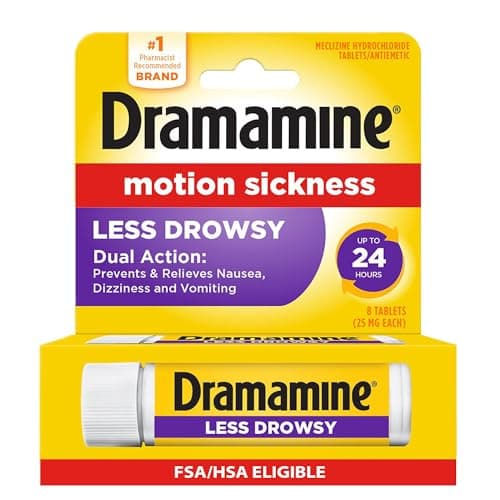 Dramamine Motion Sickness Less Drowsy, Travel Vial, Multicolor, 8 Count