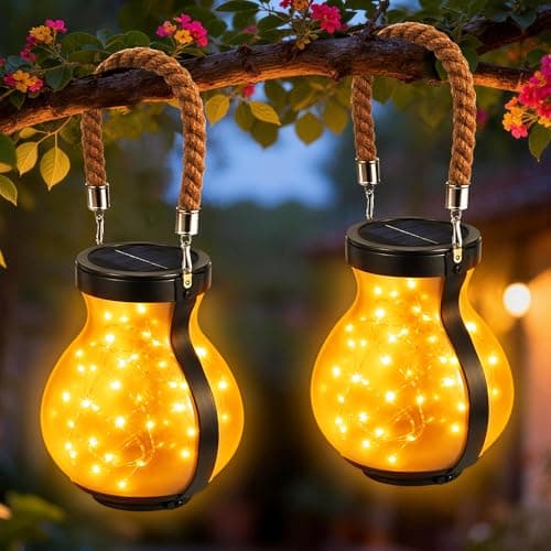 Solar Lanterns Outdoor Waterproof 2 Packs, Solar Powered Hanging Lantern Cracked Hanging Globes for Yard Decor Garden Decoration Warm White
