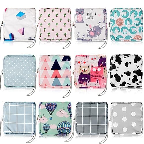 Paterr 12 Pcs Sanitary Napkin Storage Bag Set Including Portable Period Pouch Hand Wrist Strap Lanyard String Holder Tampons Holder Pouch First Period Gift for Teen Girls (Cute Style)