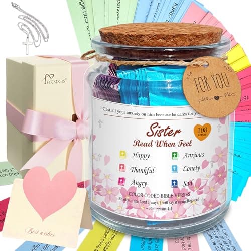 108 Bible Verses Mood Jar for Best Sister Ever Christian Gift for Her with Cross Necklace,Card, Color Coded Emotional Support for Sisters - Birthday Graduation Sister Care Package