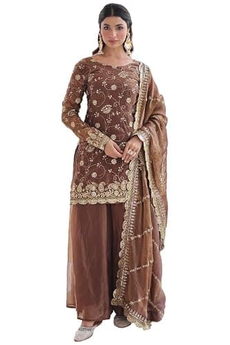 IDAHA Fashion Dream Women’s Coffee Brown (Size 40) Fendy Silk Sequins Pakistani Sharara Suit