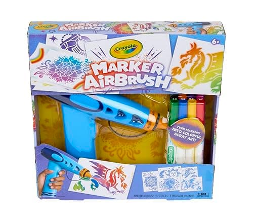 Crayola Marker Airbrush Spray Art Kit, Battery-Powered Sprayer with 8 Washable Markers & 5 Stencils, DIY Craft Set, Ages 6+