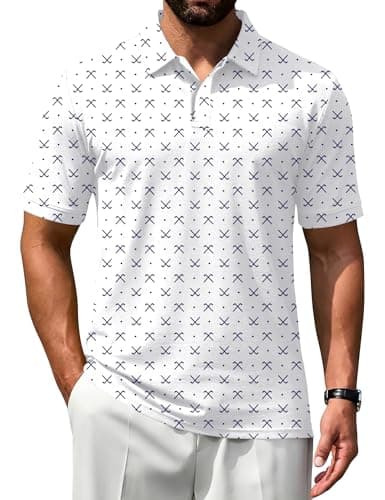 Poriff Golf Shirts for Men Dry Fit Golf Graphic Print Moisture Wicking Performance Short Sleeve Polo Sport Shirt White Golf Print M