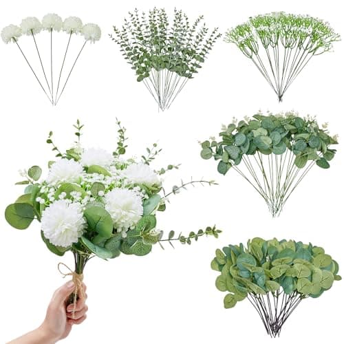 100 Pcs 5 Kinds Mixed Faux Eucalyptus Stems Bulk, Babys Breath Artificial Flowers and Fake mums, Realistic Silver Dollar Eucalyptus Branches, Artificial Greenery for Wedding Vase Bouquet Centerpieces