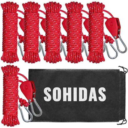 SOHIDAS Camping Rope Reflective Tent Rope Guyline with Ratchet Pulley, Tarp Tie Down Ropes for Tent Tarp, Canopy Shelter, Camping, 13ft Adjustable Guy Line for Canopy Tent 6 Pack Guy Lines Tents Cords