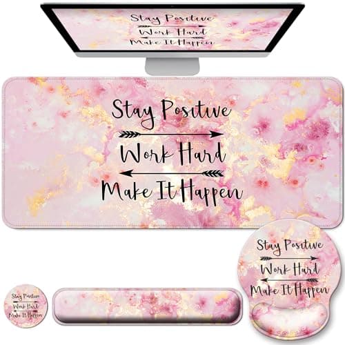 Large Mouse Pad and Keyboard Wrist Rest + Desk Mat Set,Full Long Mouse Pads for Desk Accessories with Memory Foam Gel Pink Mousepad for Women Computer Desktop Office Work-Pink & Black Slogan