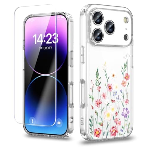 OCTT Case Compatible with iPhone 17 Pro Max 6.9 Inch with Screen Protector, Elegant Floral Slim Phone Cover for Women Girl｜Full Camera Protection｜Anti-Yellowing｜Shockproof & Anti-Scratch, Clear Flower