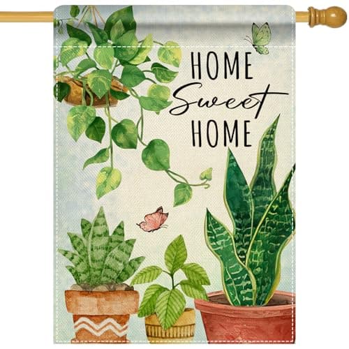 Artofy Home Sweet Home Potted Plant Large Decorative House Flag, Nature Botanical Succulent Bonsai Yard Garden Outside Decor, Tropical Greenery Butterfly Outdoor Home Decoration Double Sided 28 x 40