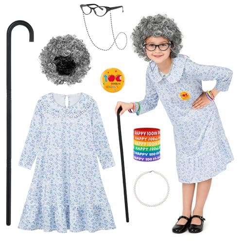 AOTHSO 13 Pieces Old Lady Costume for Kids 100 Days of School Costume with Grey Wig Glasses Cane Necklace for Granny Dress Up