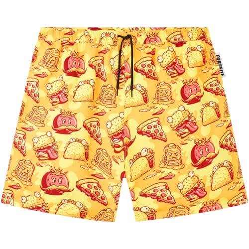 Fortnite Boys Swim Trunks, Shorts with Mesh Lining, UPF 50 Swimsuit, Beach Pool Bathing Suit, Gamer Swimwear 7–16Y (7-8 Years, Yellow Fortnite)