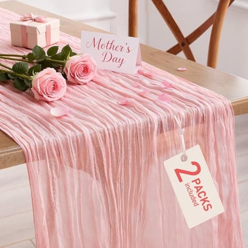 Pureegg 2-Pack Cheesecloth Table Runner, 120'' Easter Spring Boho Gauze Table Cloth Decorations for Party, Baby Shower, Wedding and Farmhouse, Fabric Room Decor, Dusty Pink