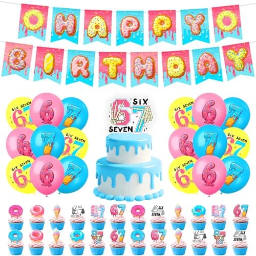 6 7 Birthday Decorations, 6 7 meme Party Decorations, Happy-Birthday Decor, 67 Meme Themed Party Supply, Includes Banner - Cake Topper - 24 Cupcake Toppers - 18 Balloons