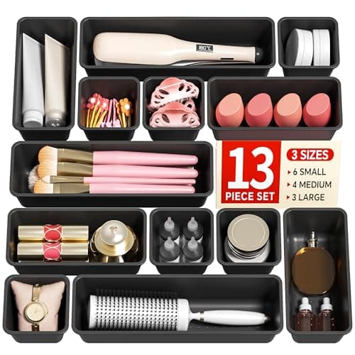 Canfanni 13 Pack Plastic Drawer Organizers Set, 3 Sizes Desk Drawer Organizer Trays for Vanity and Makeup Organizer, Organization and Storage for Makeup, Kitchen Utensils, Bathroom and Office(Black)