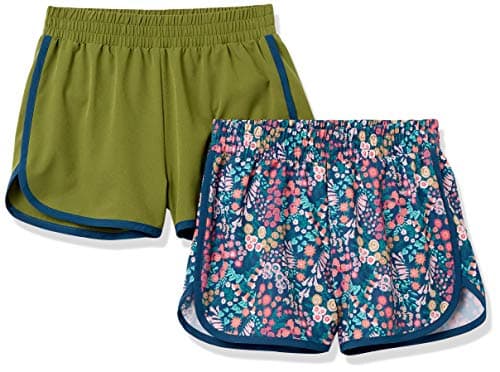 Amazon Essentials Toddler Girls' Athletic Active Running Shorts, Pack of 2, Olive Floral, 4T