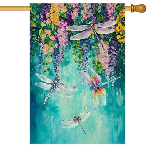 Baccessor Spring Summer Floral House Flag Double Sided 28x40 Inch Burlap,Wisteria Dragonfly Flowers Welcome Large Garden Flag Porch Patio Front Yard Seasonal Farmhouse Outside Outdoor Decor