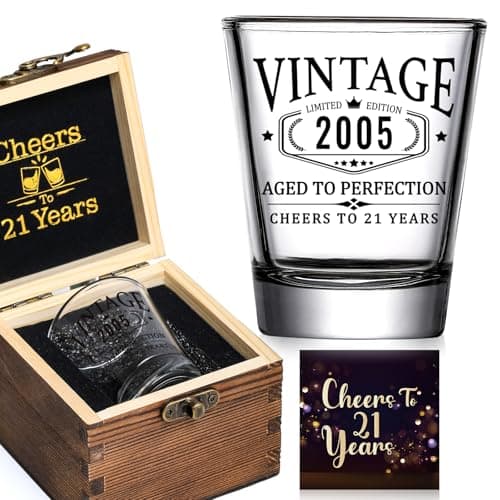 21st Birthday Gifts for Him Her - Limited Edition Shot Glass with Wooden Box - Vintage 2005 Cheers To 21 Years, Finally 21 Party Decorations Supplies - Turning 21 Bday Present for Men Brother Friends