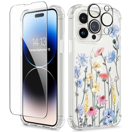 GVIEWIN for iPhone 14 Pro Max Case Floral, with Screen Protector&Camera Lens Protector,[Non Yellowing] Soft Shockproof Clear Phone Protective Cover for Women, Flower Pattern 6.7"(Aconite/Light Blue)