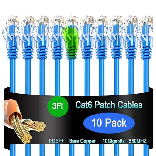 Lysymixs Cat6 Ethernet Cable 3 ft (10 Pack) - 10G Network Patch Cable for Data Centers, Home and Enterprise Networks - Blue