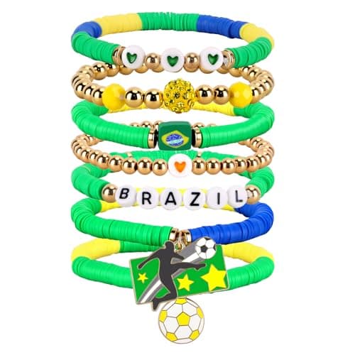 Amaiir Brazil Soccer Bracelet For Women, Game Day Mom Accessories & Outfits Sports Jewelry Fans Gifts, Charm Beaded Stretch Bracelets Essentials Team Gear