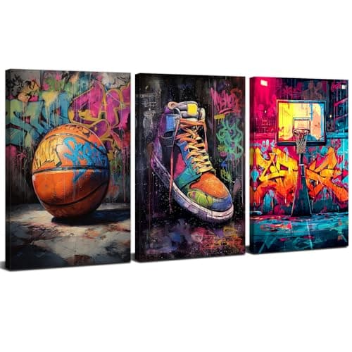 Basketball Graffiti Canvas Wall Art Retro Basketball Court Posters for Boys Room Abstract Cool Sports Themed Wall Decor Street Pop Art Canvas Pictures for Living Room Bedroom Home Decorations 12x16" 3Pcs
