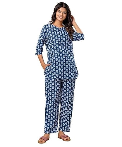 SAYANG Women’s Cotton Printed Nightsuit Set | Soft & Breathable Night Wear | Comfortable Sleepwear Kurta & Pajama Set-2XL Blue