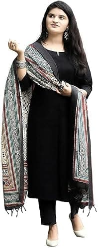 FULPARI Women's Solid Viscose Rayon Straight Kurta Set with Dupatta | Round-Neck Kurti with Trousers | Ethnic Dress (US, Alpha, 4X-Large, Regular, Regular, Black)