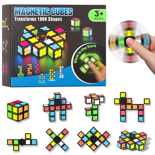 Magnetic Fidget Spinner Mini-13 Blocks, Glow Magnet Cube & Transformable Fidget Spinner & Infinity Cube & 2x2x2 Cube-4 in 1 Toy, STEM Magnetic Tiles Stress Relief Sensory Gift for Kid Boy Girl Adult