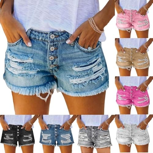 GOHRSHA Jean Shorts Womens Distressed Style Fringe Ripped Frayed Denim Shorts Mid Rise Stretchy Summer Fashion Streetwear Shorts Mujer Casual