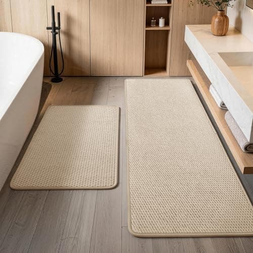 YIHOUSE Khaki Bathroom Rugs Sets 2 Pieces,Beige Low Pile Soft Bath Rugs,Brown Thin Bath Mats Non Slip Quick Dry,Super Absorbent Small Bathroom Mat Washable (17"x24"+17"x47")