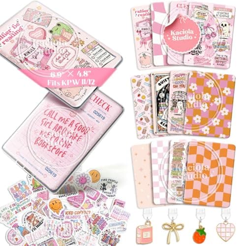 Kaciola 12PCS Inserts Cardstock Paper for E-Reader, and 50PCS Scrapbook Stickers for Clear Case, 6.9"x4.8" Funny Theme E-Reader Back Cover Insert Decorating Accessories for Paper White 11th-12th