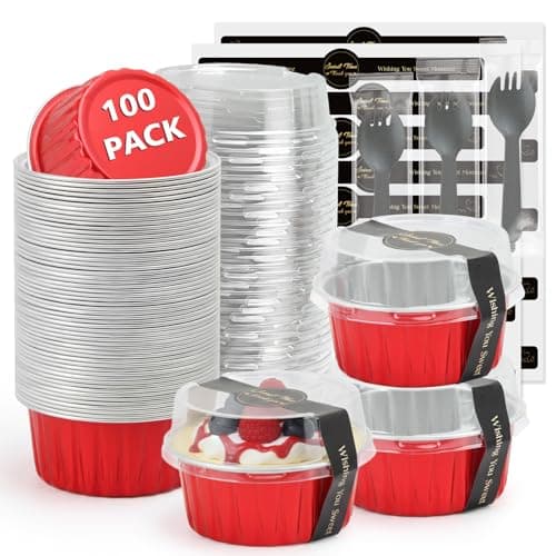 Ruckae 5oz 100 PCS Round Mini Loaf Pans with Lids,Mini Cake Pans with Lids,Disposable Aluminum Foil Ramekins Baking Cups for Birthday Party Weddings (Red, 5oz)