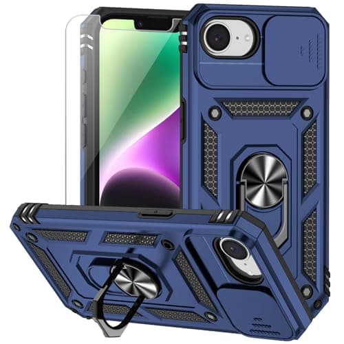 for iPhone 17E / iPhone 16E Case, with Camera Lens Cover HD Screen Protector, Dual Layer Military-Grade Drop Tested Magnetic Ring Holder Kickstand Protective Phone Case for iPhone 16E /17E (Navy Blue)