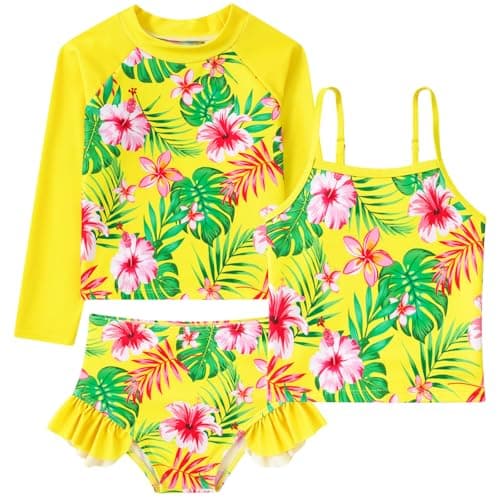 Funnycokid 5t Girls Swimsuit Size 6 Long Sleeve Tankini Rash Guard Bathing Suit Yellow Floral Swimwear Kids 3 Pieces