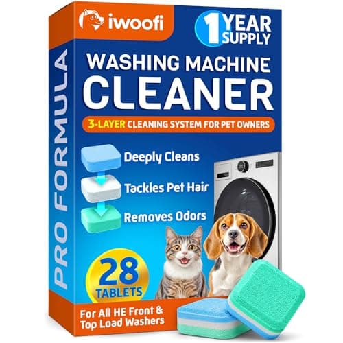 IWOOFI Washing Machine Cleaner Tablets for Pet Owners Pro – Front & Top Load HE Washers – Removes Pet Hair Buildup Eliminates Odors & Residue – 28 Tablets 1-Year Supply – Septic Safe Deep Clean