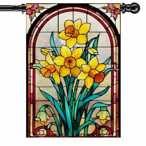 Spring Summer Daffodils House Flag 28x40 Double Sided Stained Glass Style Garden Flag Burlap Yard Flag for Outside Outdoor Decor