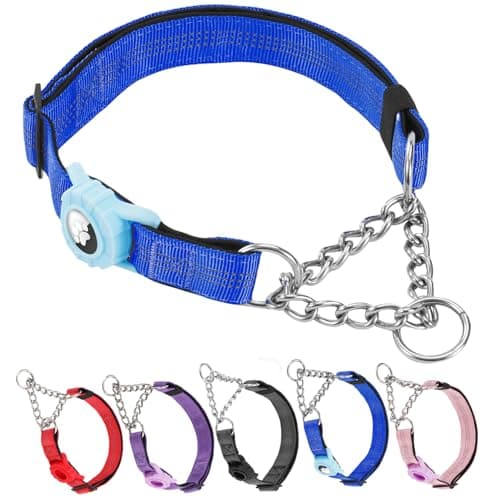 Cymiler Martingale Dog Collar with AirTag Holder, Reflective Nylon Training Collar, Stainless Steel Chain, Heavy Duty Buckle, Limited Slip Collars for Small Medium Large Dogs (Blue, Medium)
