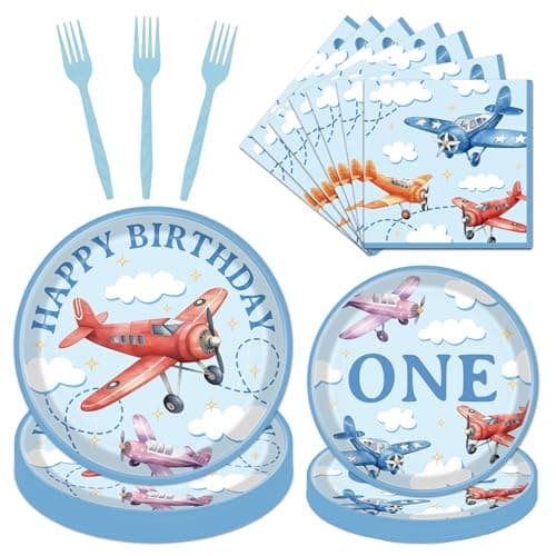 Rakuto Airplane 1st Birthday Party Decorations, 96PCS Time Flis Disposable Paper Plates and Napkins Decorations, Airplane First Birthday Forks Decor Supplies for One Years Old Boys Girls Serve 24