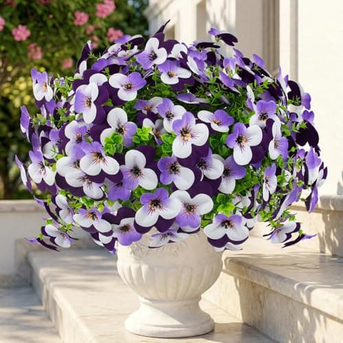 16 Pcs Artificial Pansy Flowers for Outdoors Purple Faux Silk Spring Flowers for Outside, UV Resistant Realistic Pansies for Window Front Door Porch Home Decor (16, Light Purple,White,Purple)