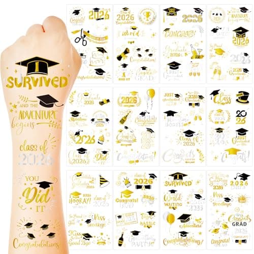 96 Pcs Grad Temporary Tattoos, 12 Sheets Foil Metallic Grad Glitter Tattoos Bulk, Graduation Stickers Tattoo for 2026 Congrats Graduation Party Favors Decorations Decor Gifts Supplies Accessories