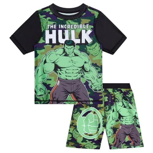 Marvel Boys Rash Guard Set 2 Piece Hulk Spiderman Swim Shirt & Swim Trunks, Size 10-12, Camouflage the Incredible Hulk