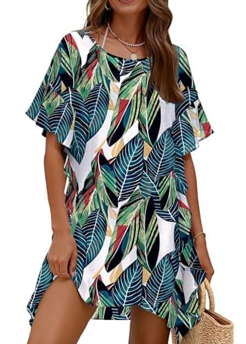 Ekouaer Women's Swimsuit Coverup Chiffon Floral Bathing Suit Cover Up Ruffled Summer Beachwear Bikini Coverups S-3XL Leaf Green