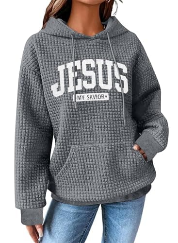 MYHALF Christian Hoodies for Women Waffle Graphic Hoodie Drawstring Faith Pullover Hooded Sweatshirt with Pocket