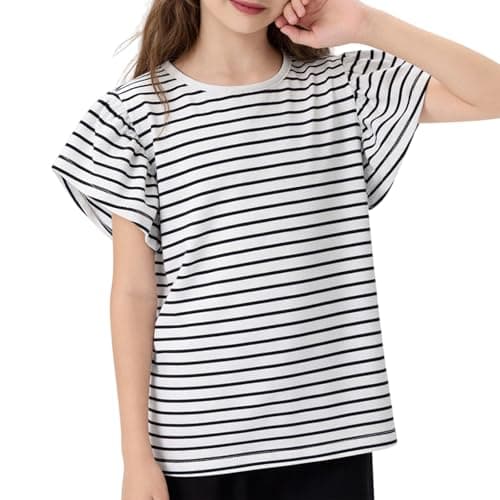 MIANZHI Girls Short Sleeve T Shirts Kids Summer Tops Crewneck Tees Striped Ruffle Sleeve 11-12 Years