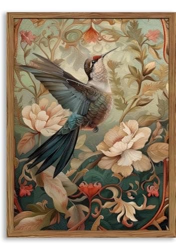 AXILANG Hummingbird Wall Art Framed Canvas, Vintage Botanical Bird Wall Decor with Floral Design, Nature Artwork for Living Room Bedroom Bathroom Office, Farmhouse Aesthetic Home Decor 8x10 Inch