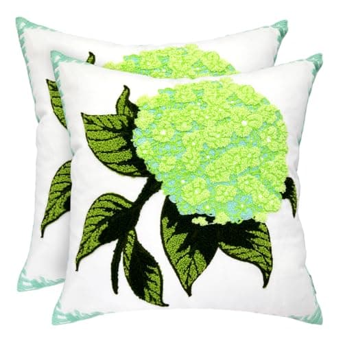 Alysheer Spring Hydrangea Embroidered Decorative Throw Pillow Covers 18"x 18" Set of 2, Summer Floral Tufted Patterned Green Cotton Cushion Cases for Couch Bed Living Room Decor