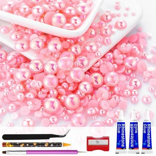 60g Light Pink AB Flatback Half Round Pearls Mixed Size 3-10mm Resin Craft Beads for Nail Art, Face Gems, DIY Jewelry Making