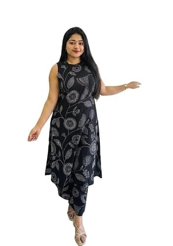 KANESKA Women's Floral Print Sleeveless Rayon Kurta A-Line with Plazo Dress (Pink) (US, Alpha, X-Small, Small, Regular, Regular, Black)