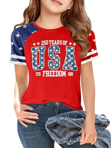 CAZYCHILD Girls and Boys 250th Anniversary USA Shirt Kids 250 Year American Flag Shirts 4th of July Patriotic T-Shirt