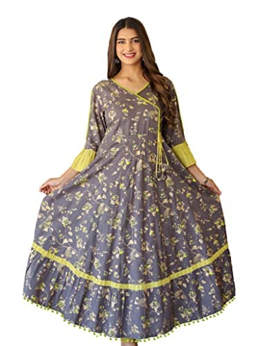 Yash Gallery Women's Floral Printed Anarkali Kurti for Women Grey