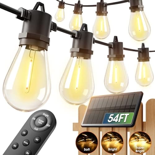 addlon 54FT(48+6) Solar String Lights Outdoor Waterproof with USB Charging & Remote Control - Dimmable Solar Power Patio Lights with LED Bulbs for Porch, Garden, Yard, Market, Bistro - Last for 20+Hrs